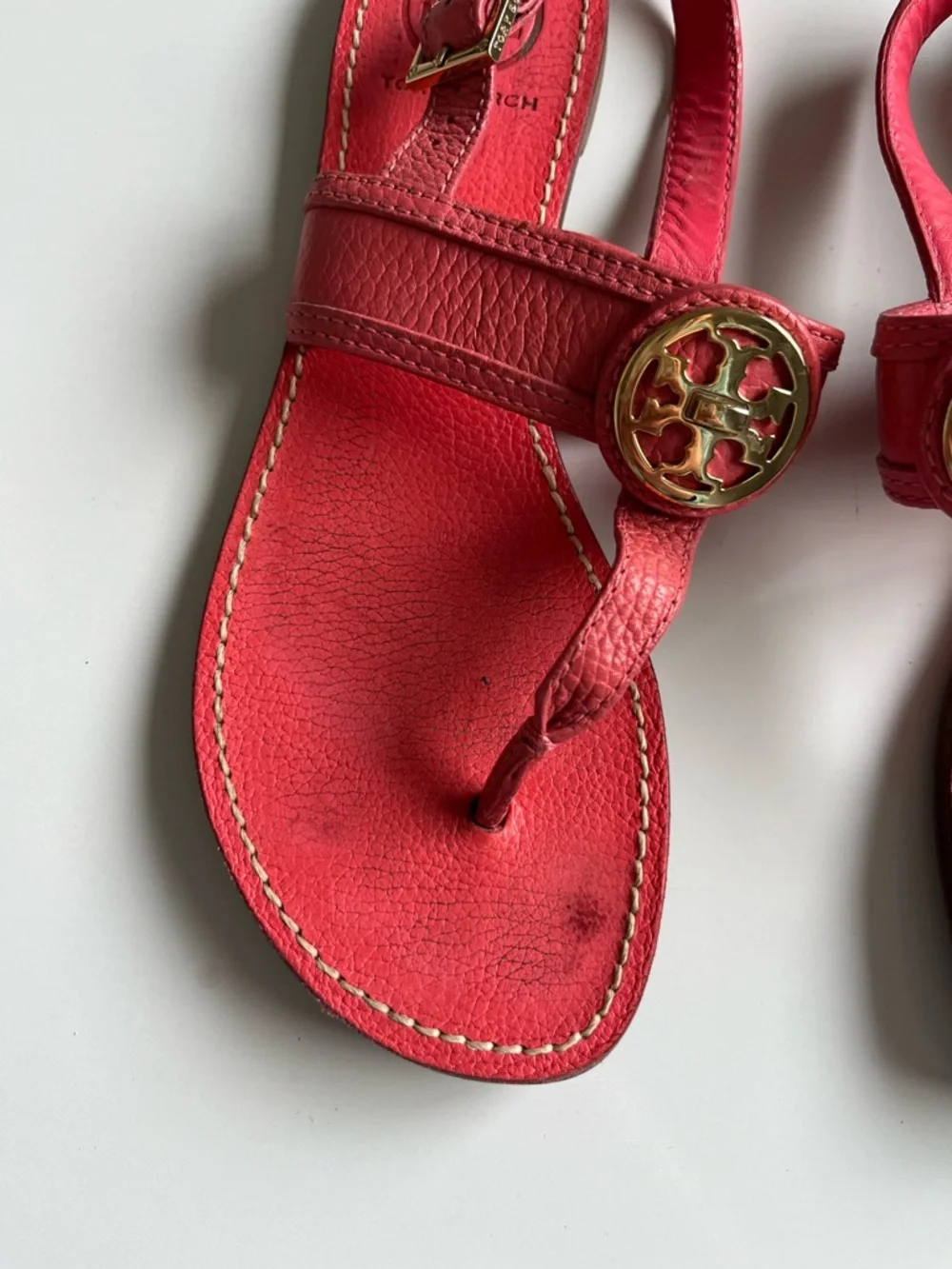 Tory Burch pink coral Leather Logo Medallion Slingback Sandals